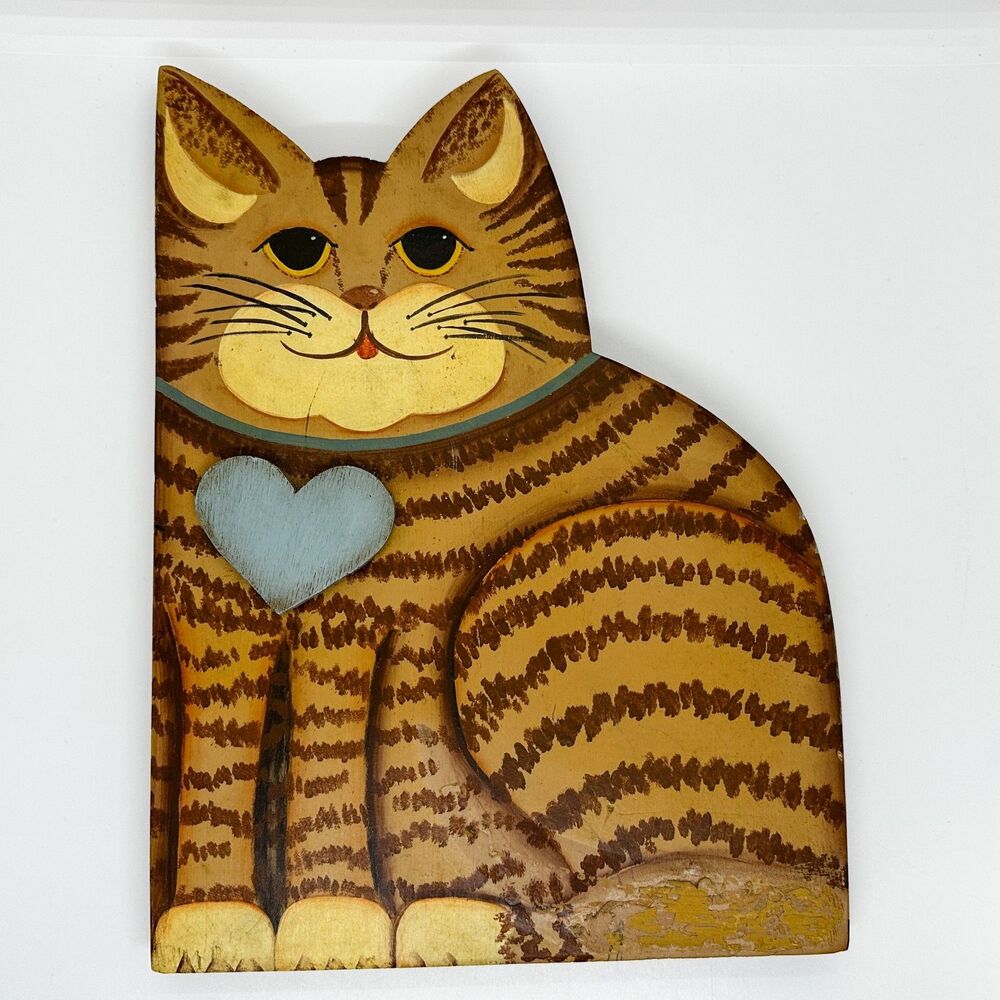 Vintage Hand Painted Wood Orange Cat Shelf Sitter Heart Cottagecore Country
